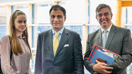 Lord Bilimoria and LSBU’s Professor Paul Ivey met Year 12 student Ciara Moor from South Bank UTC