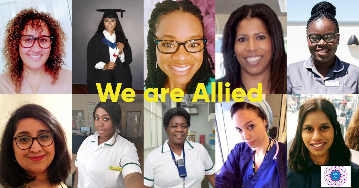 Multiple Allied Health Professionals with 'we are allied' written across