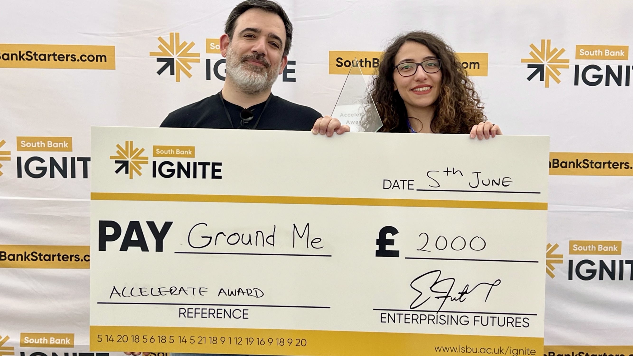 Bilge accepting her South Bank Ignite award of £2000