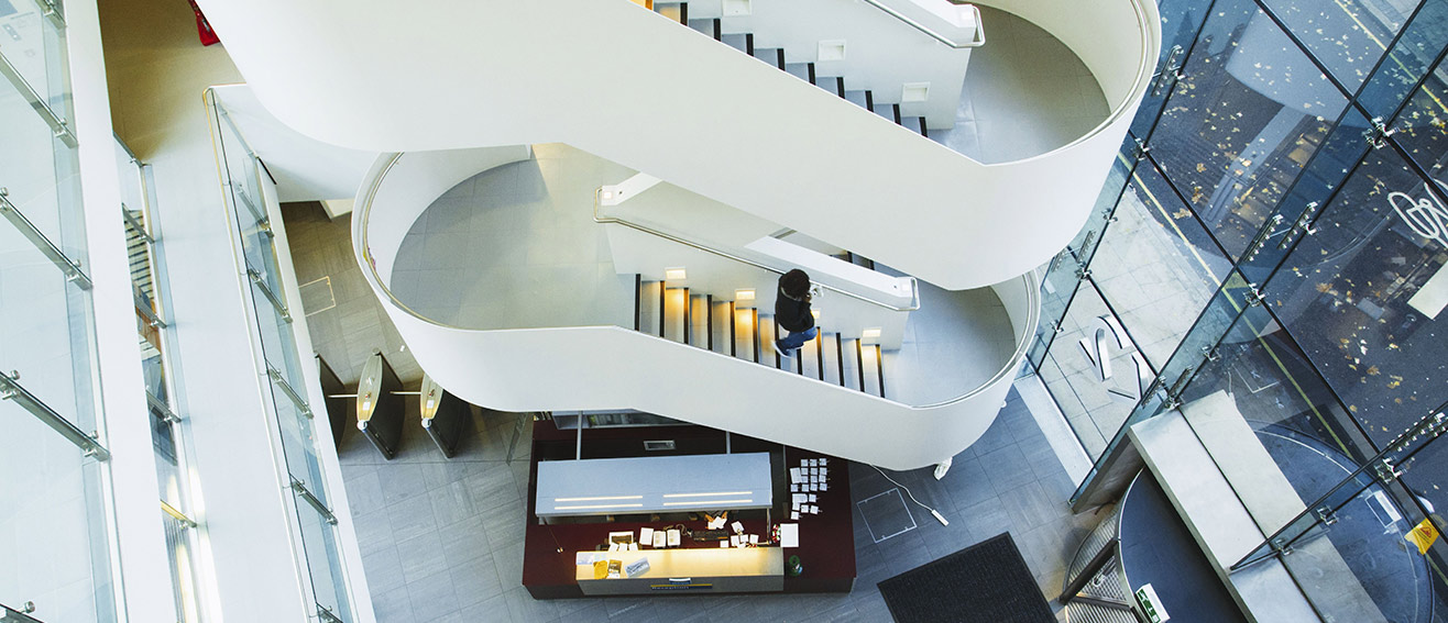 the modernist white spiral staircase in K2 