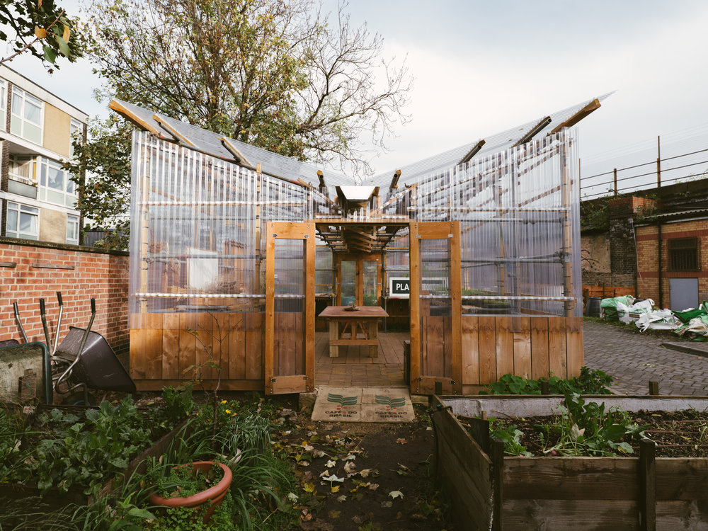A plant room made out of wood and glass