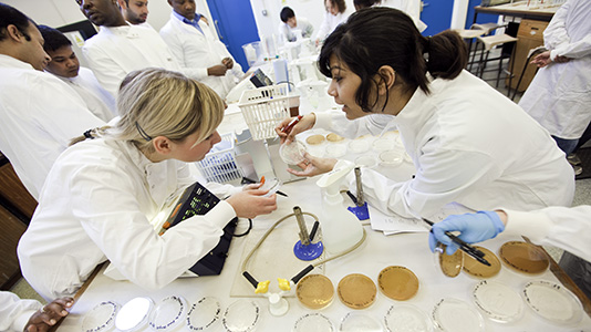 Two students using a Bunsen burner in the microbiology lab