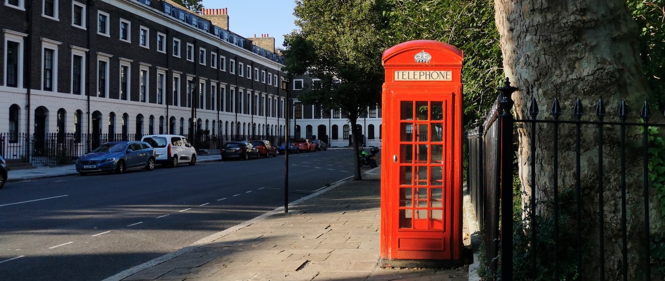 london phone box in leafy square